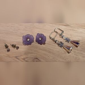 Purple Floral Earrings with Crystal Accents